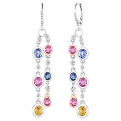 Ceylon Multi Color Sapphire Diamond 10.45 Carat 1.75 Long Hoop Gold Earrings