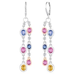  Ceylon Multi Color Sapphire Diamond 10.45 Carat 1.75 Long Hoop Gold Earrings