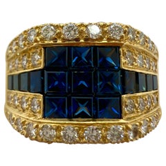 Bague française vintage en or jaune 18 carats avec saphir bleu serti en mystérieux et diamants de 3,80 carats