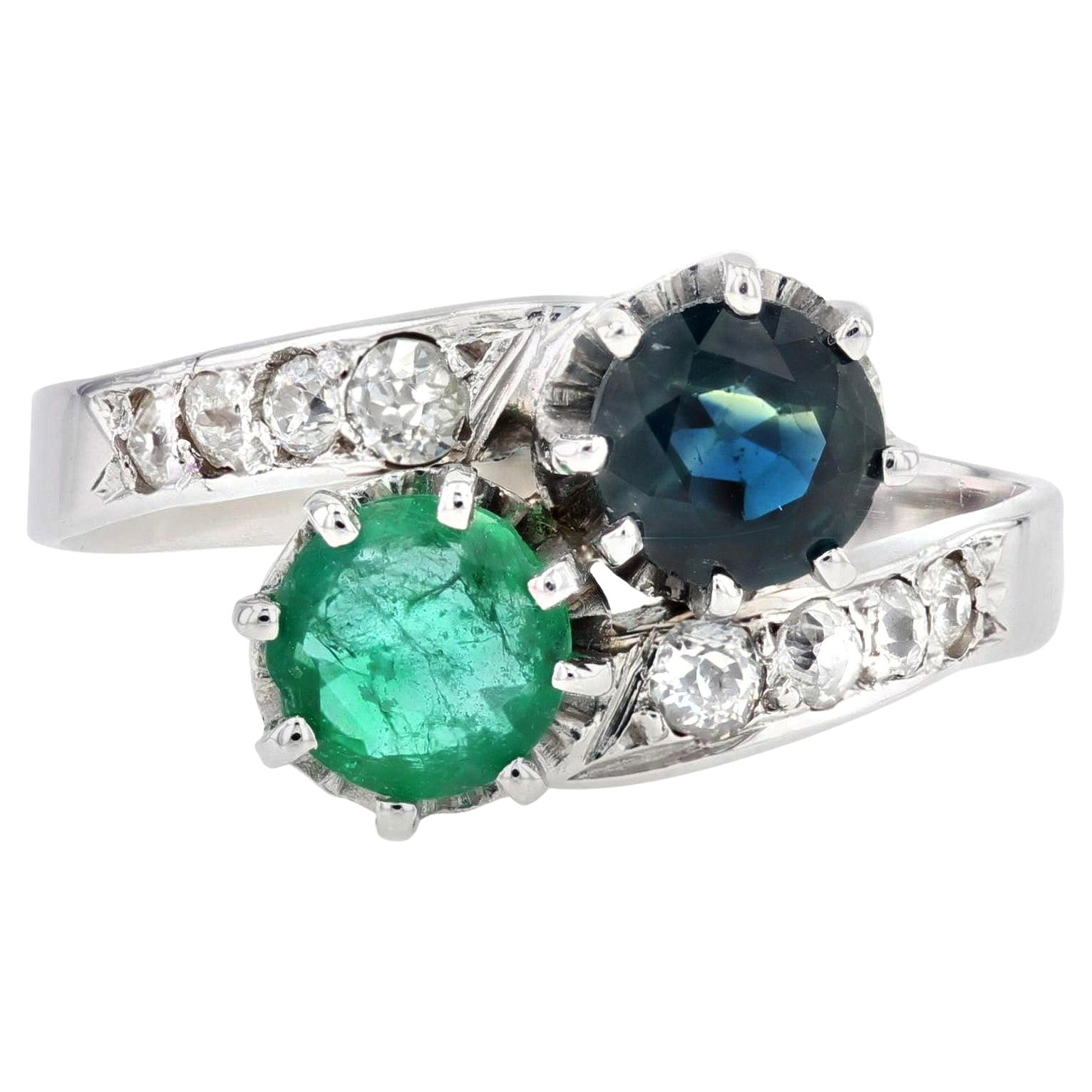 French 1930s Emerald Sapphire Diamonds 18 Karat White Gold You and Me Ring For Sale