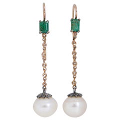 Pearls, Emeralds, Diamonds, Rose Gold and Silver Earrings.