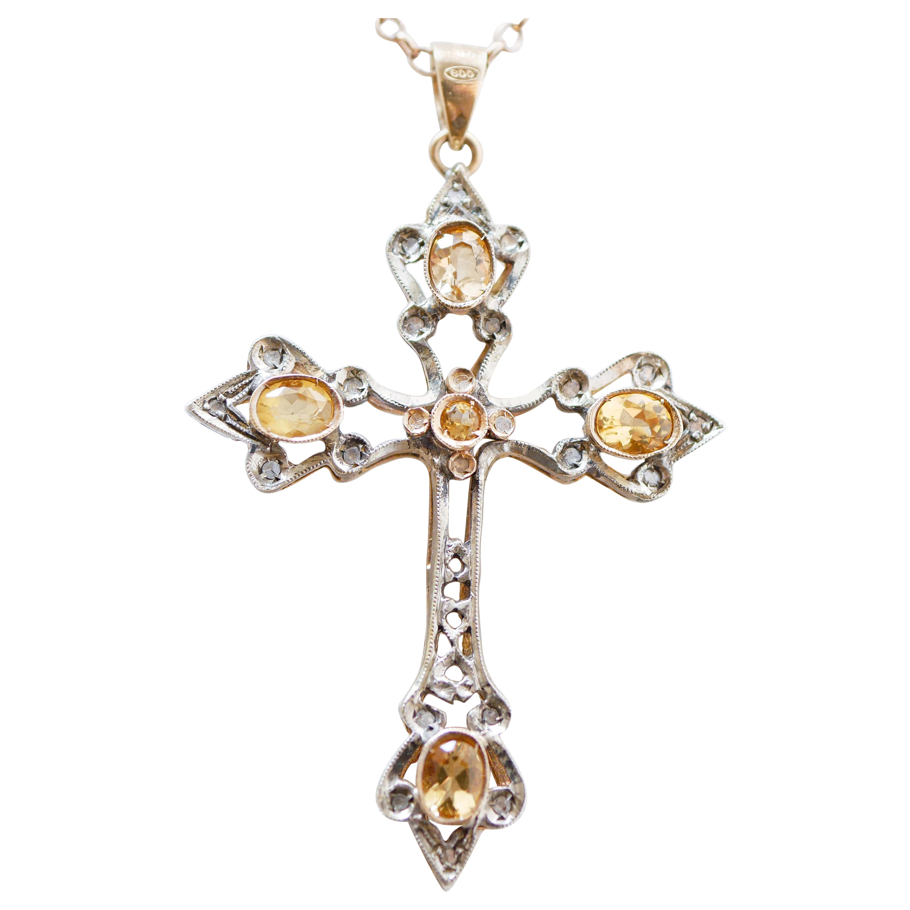 Topazs, Diamonds, 14 Karat Rose Gold and Silver Cross Pendant Necklace. For Sale