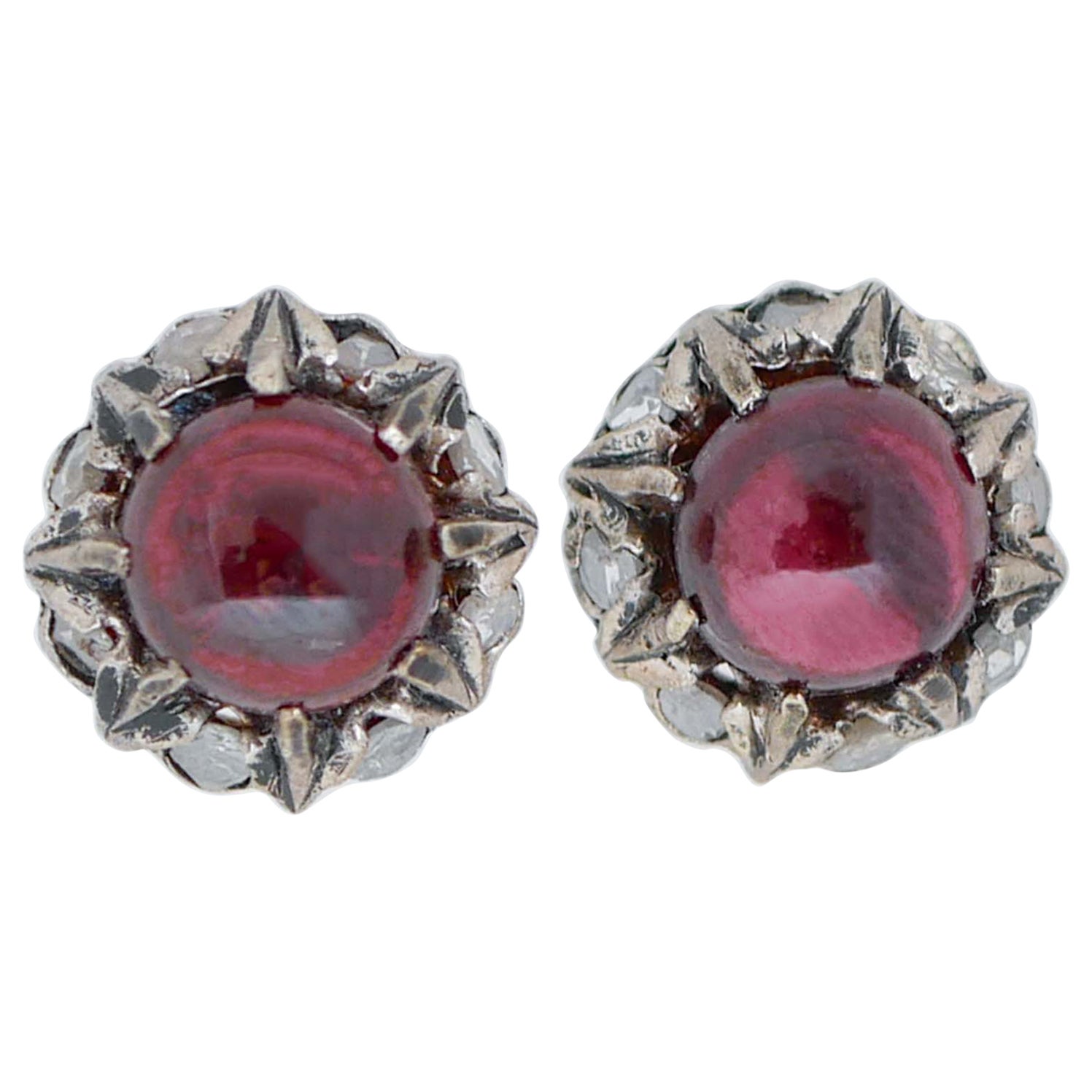 Diamonds, Garnets, Rose Gold and Silver Stud Earrings