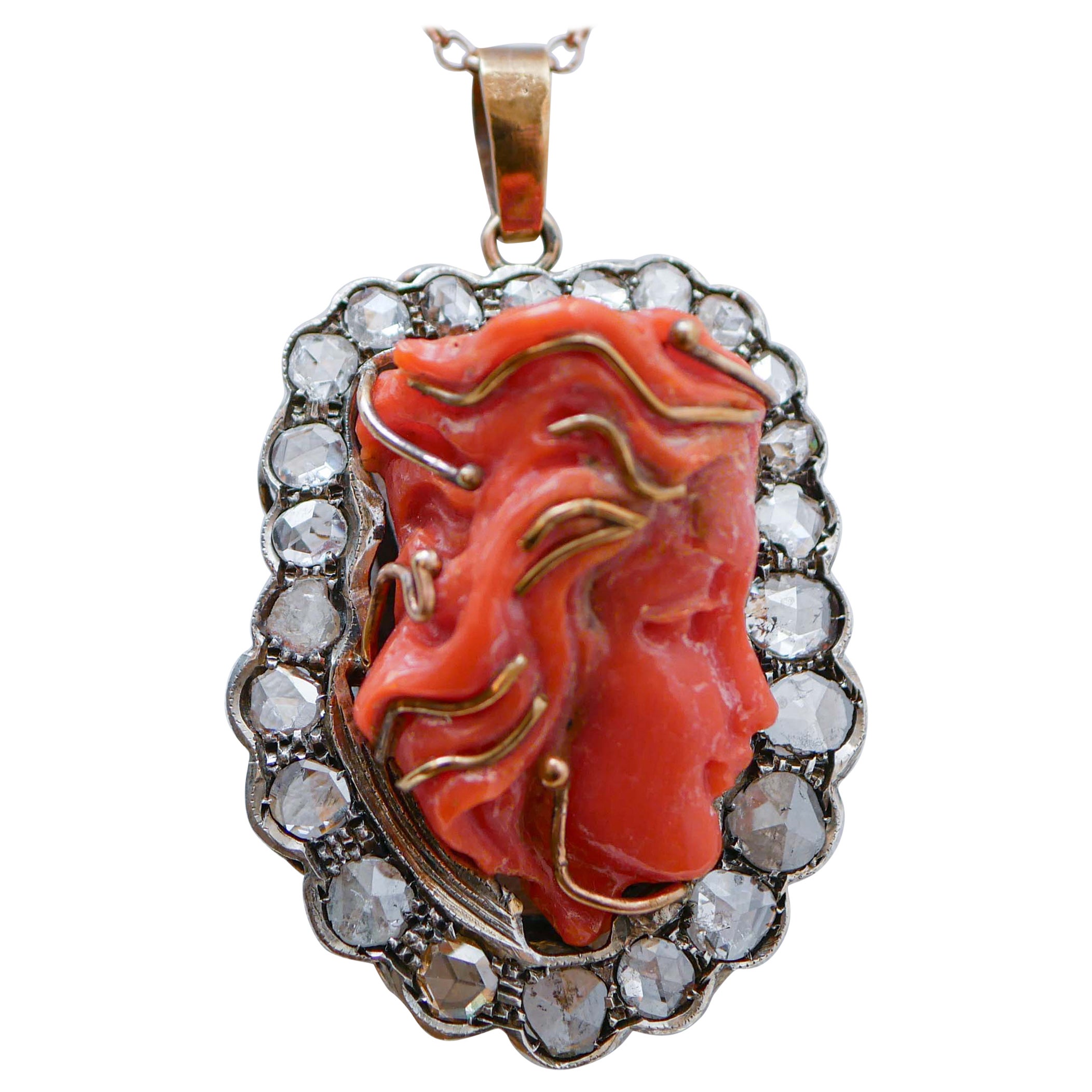 Coral, Diamonds, 14 Karat Rose Gold and Silver Pendant. For Sale