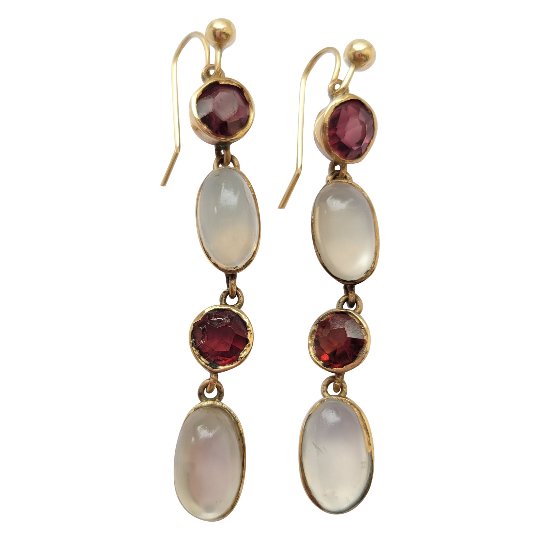 Edwardian Moonstone Garnet Gold drop earrings For Sale
