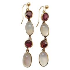Used Edwardian Moonstone Garnet Gold drop earrings