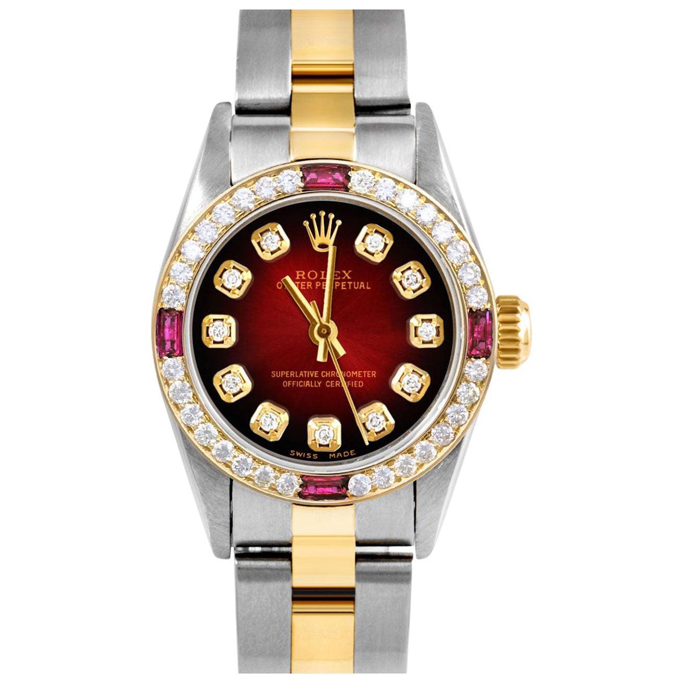 Rolex Ladies Oyster Perpetual Red Vignette Diamond Dial Ruby Diamond Bezel Watch For Sale