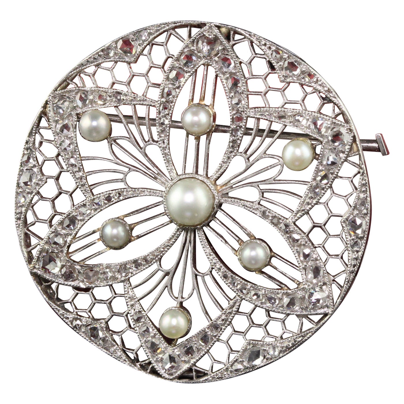Antique Edwardian Platinum Diamond and Pearl Filigree Pin For Sale