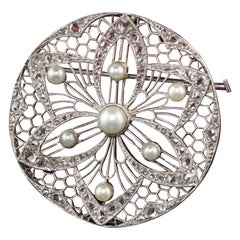 Antique Edwardian Platinum Diamond and Pearl Filigree Pin