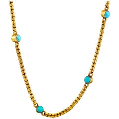 Late Victorian Cabochon Cut Turquoise 14k Yellow Gold Necklace