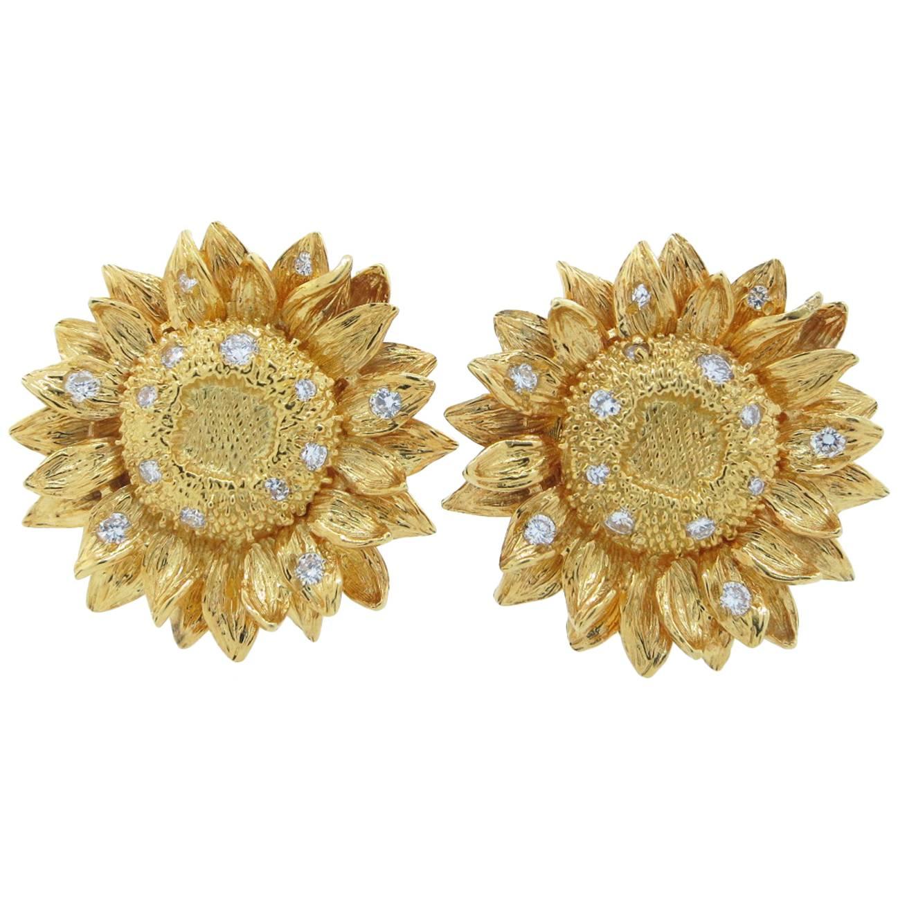Asprey Diamond Gold Sunflower Earrings