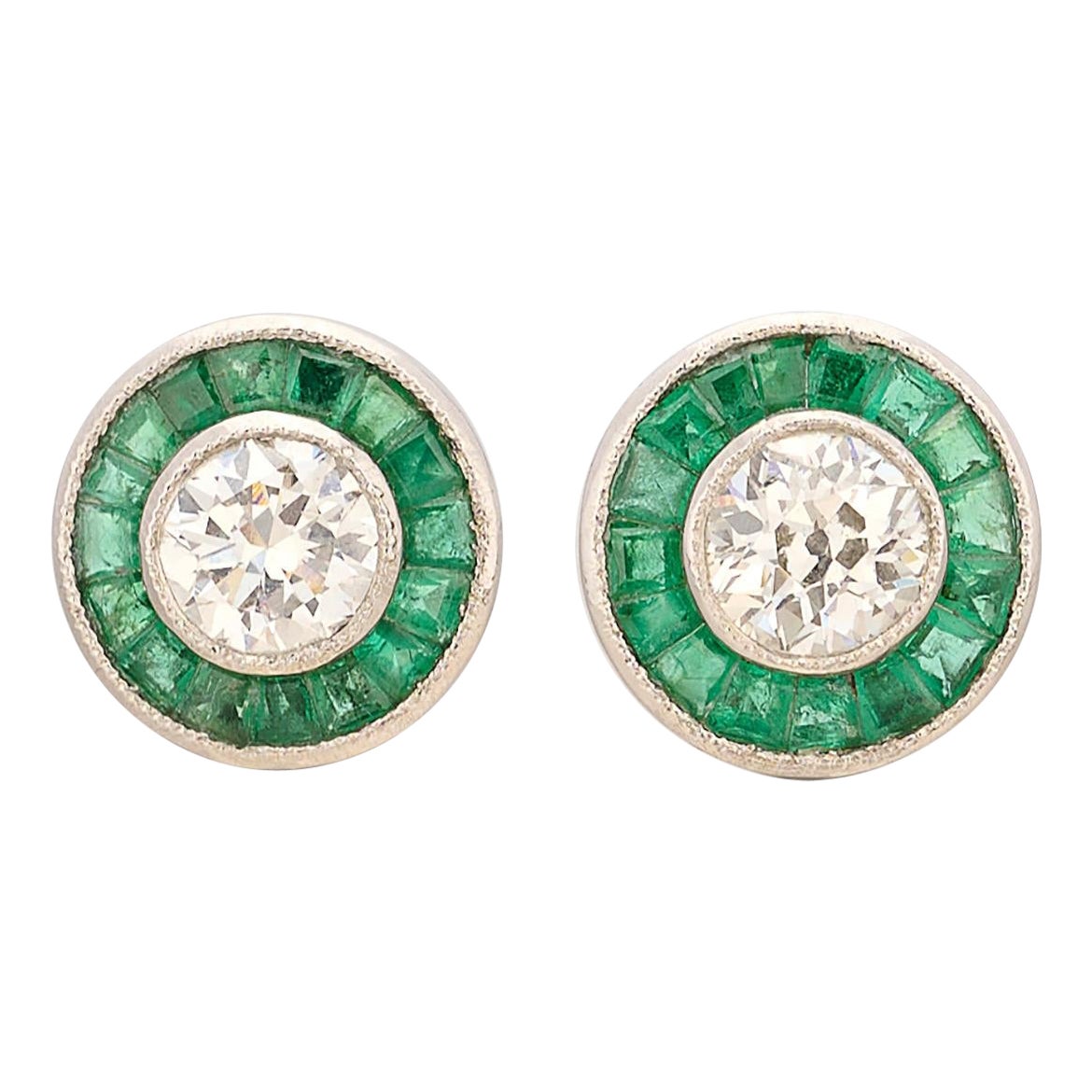 Art Deco Style Emerald & Diamond Stud Earrings