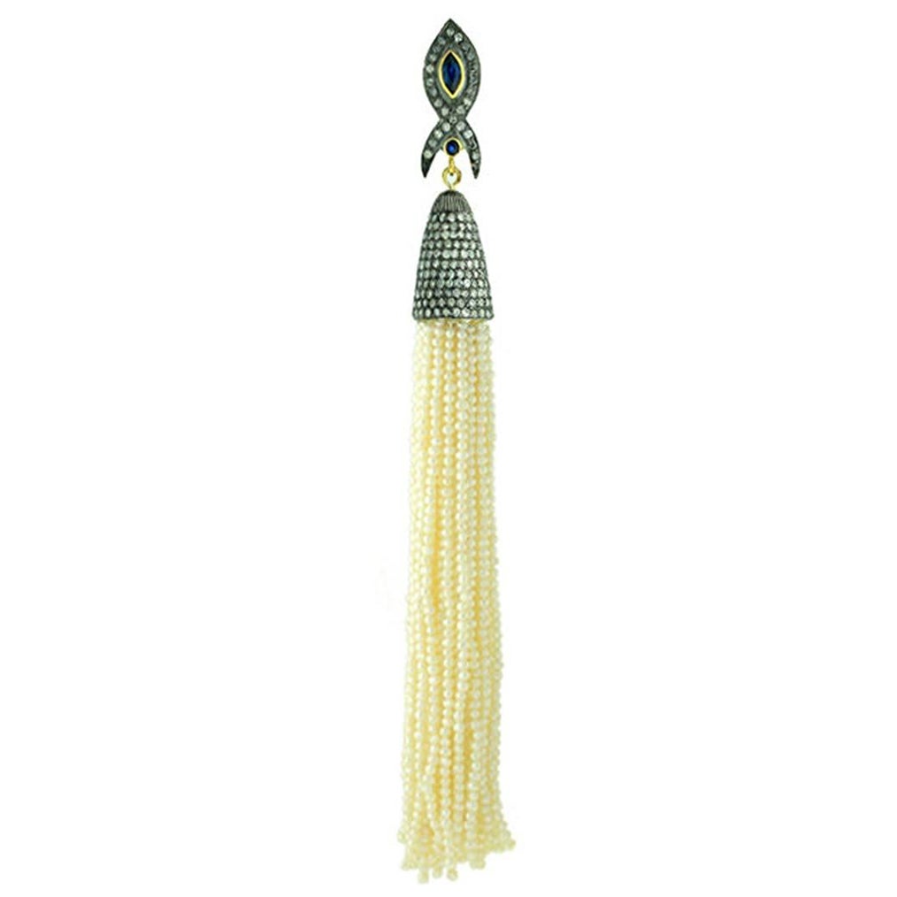 Pearl Tassel Pendant Accented With Sapphire & Diamonds in 18k Gold & Silver For Sale