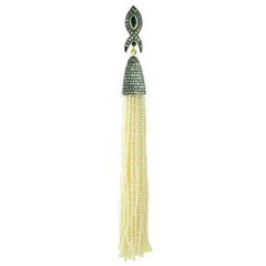 Pearl Tassel Pendant Accented With Sapphire & Diamonds in 18k Gold & Silver
