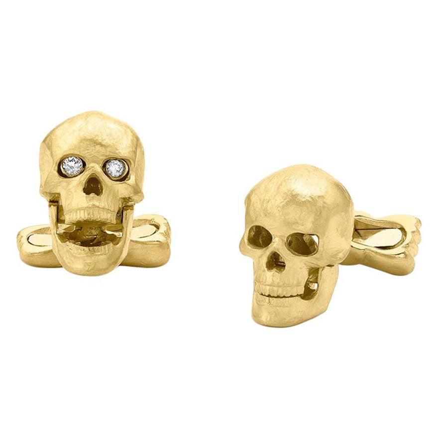 18 Carat Yellow Gold Skull Cufflinks with Popping Diamond Eyes