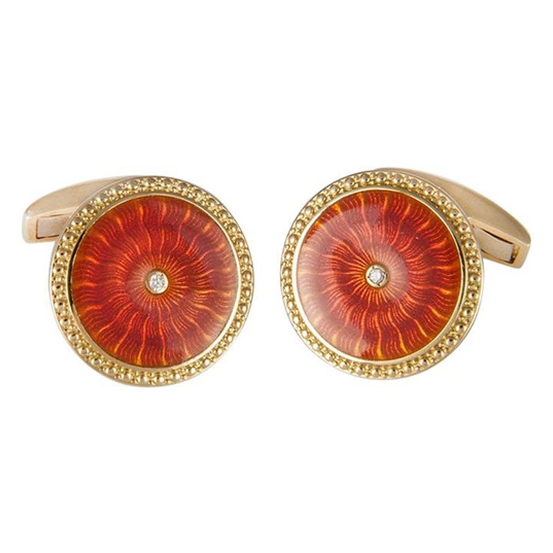 18 Karat Yellow Gold Round Cufflinks with Orange Enamel and Diamond Centre For Sale