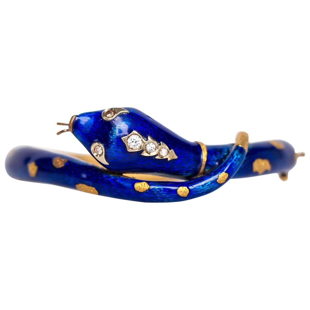 1960s Blue  Enamel Diamond Gold Snake Bangle Bracelet