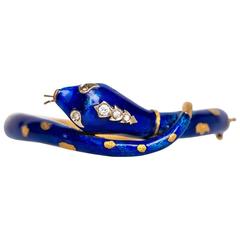 1960s Blue  Enamel Diamond Gold Snake Bangle Bracelet