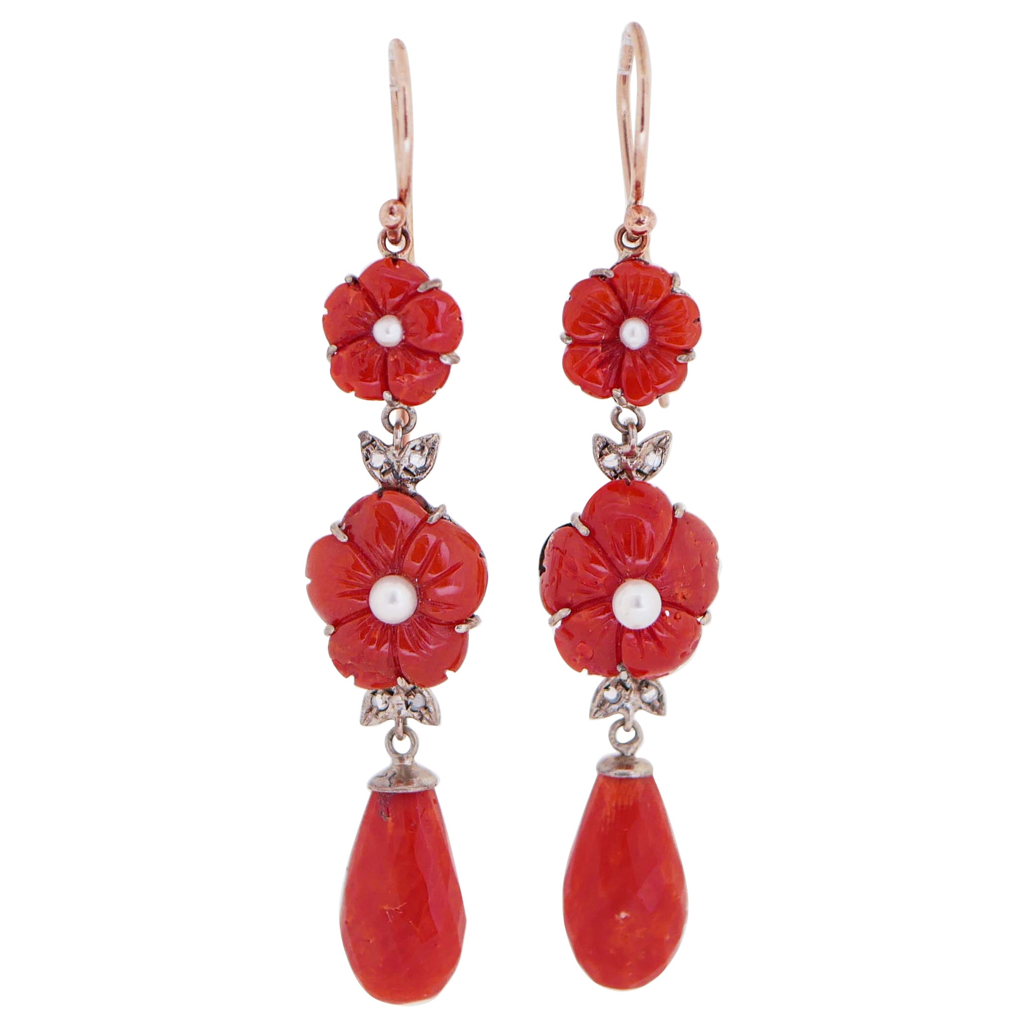 Coral Pearls, Diamonds, Rose Gold and Silver Earrings. For Sale