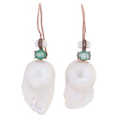 Baroque Pearls, Emeralds, Diamonds, Rose Gold and Silver Dangle Earrings.
