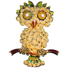 1960s Enamel Diamond Gold Owl Brooch 