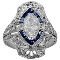 Art Deco .95 Carat Diamond Sapphire Platinum Engagement Ring