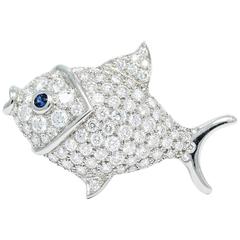 Tiffany & Co. Blue Sapphire Diamond Platinum Fish Brooch Pendant 