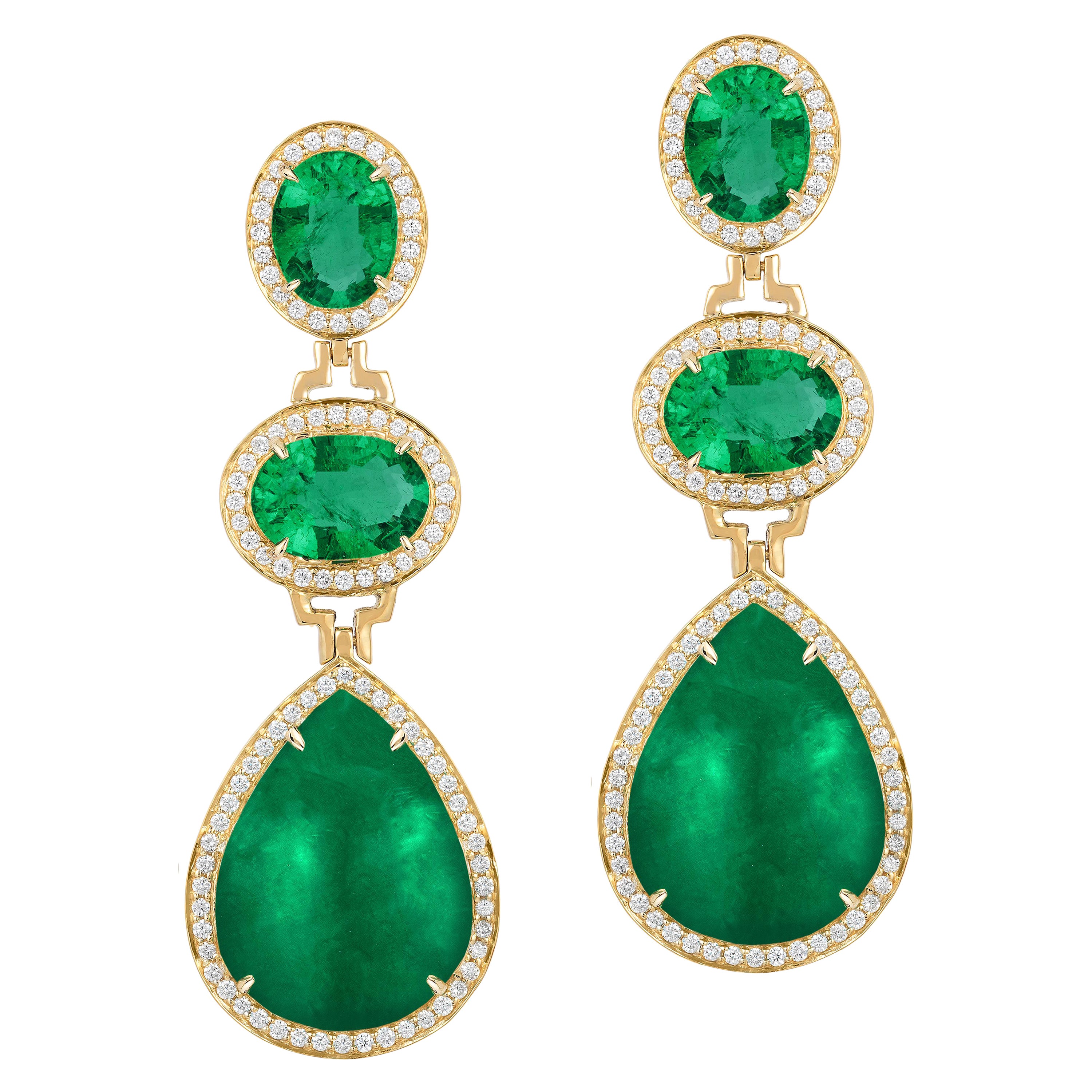 Goshwara 3 Tier Faceted Oval and Pear Shape Emerald Drop Earrings  For Sale
