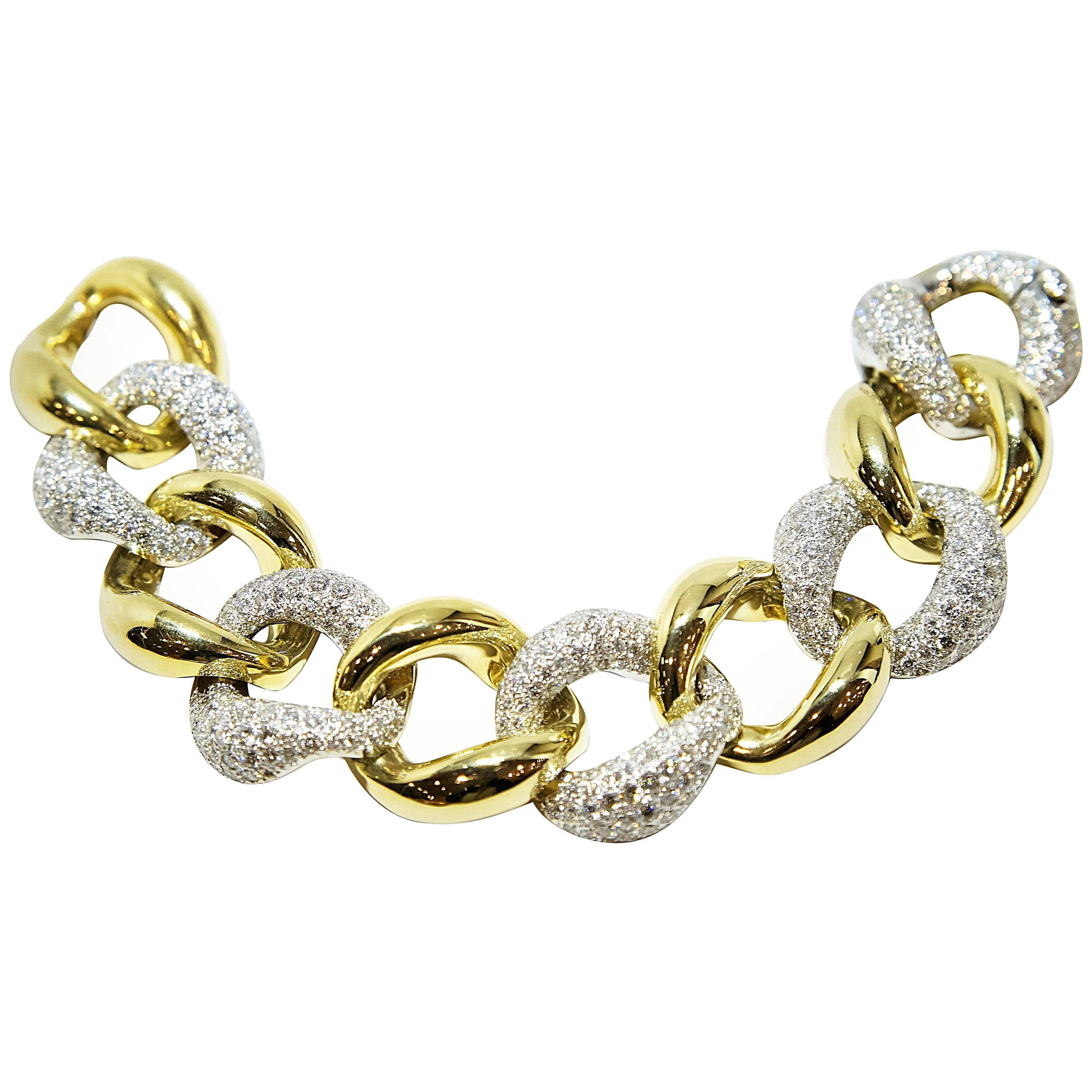 Yellow and White Gold Pave Link Bracelet For Sale