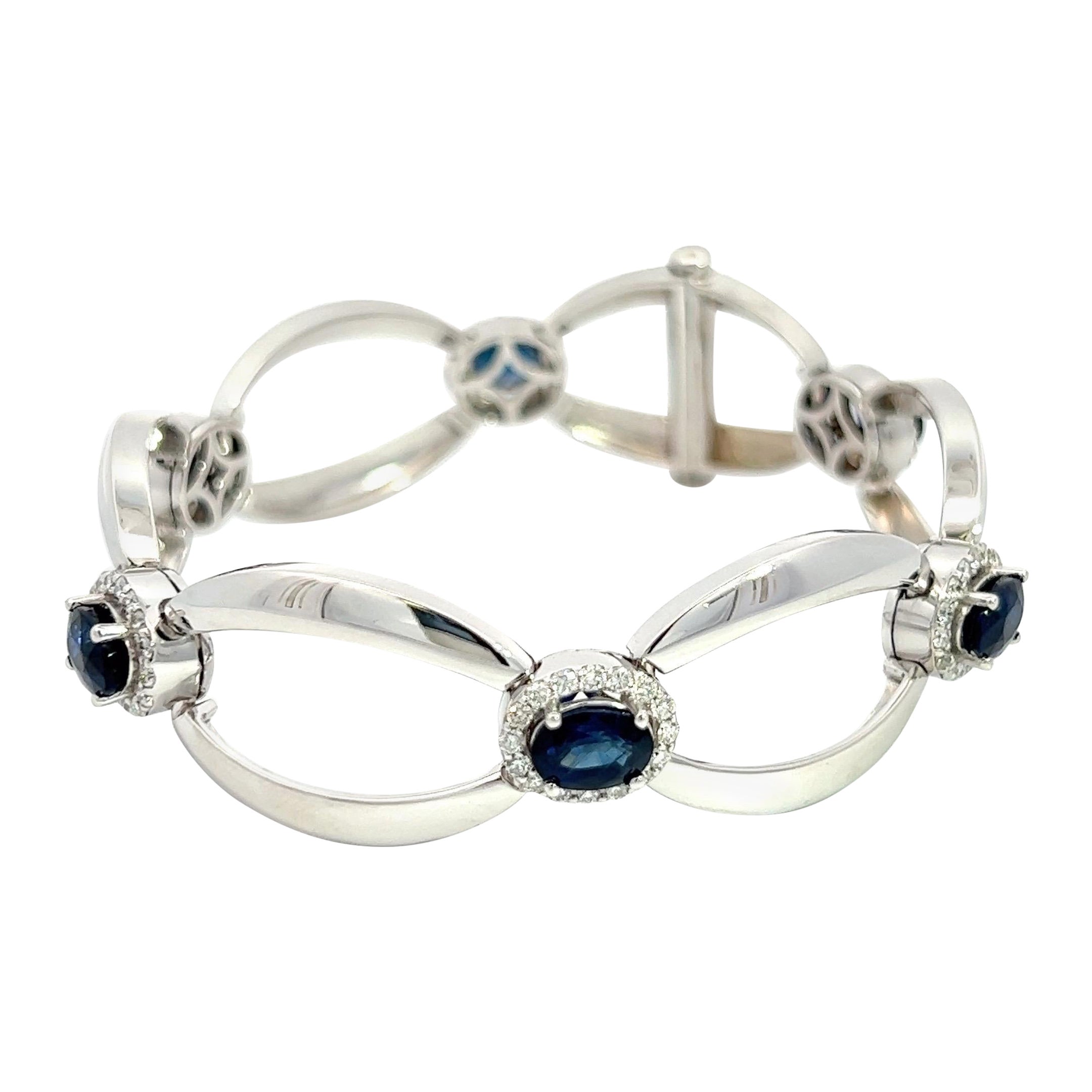 Bracelet en diamants 14 carats, 6 saphirs bleus ovales, D de 1,36 carat, saphirs de 6,75 carats, tout naturel en vente