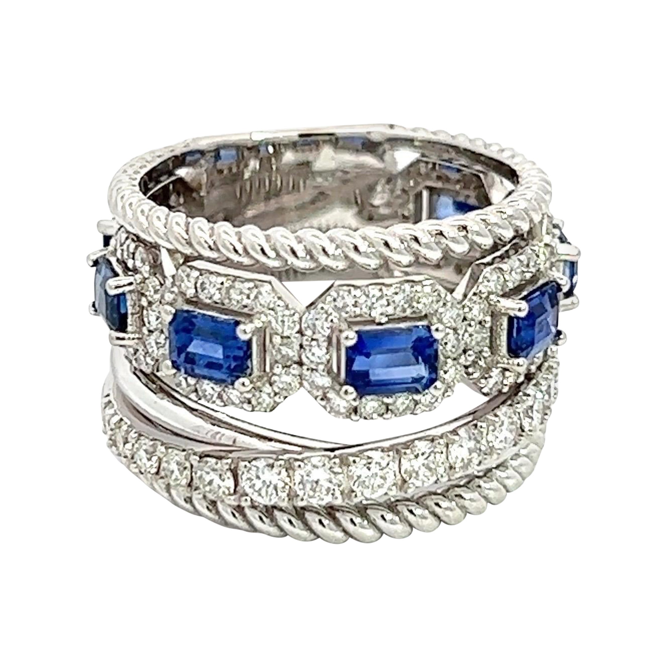 14k W Gold Diamond Ring with 7 Emerald Cut Blue Sapphires, 1.42CT D, 2.09CT SAP For Sale