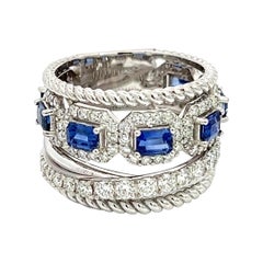 14k W Gold Diamond Ring with 7 Emerald Cut Blue Sapphires, 1.42CT D, 2.09CT SAP