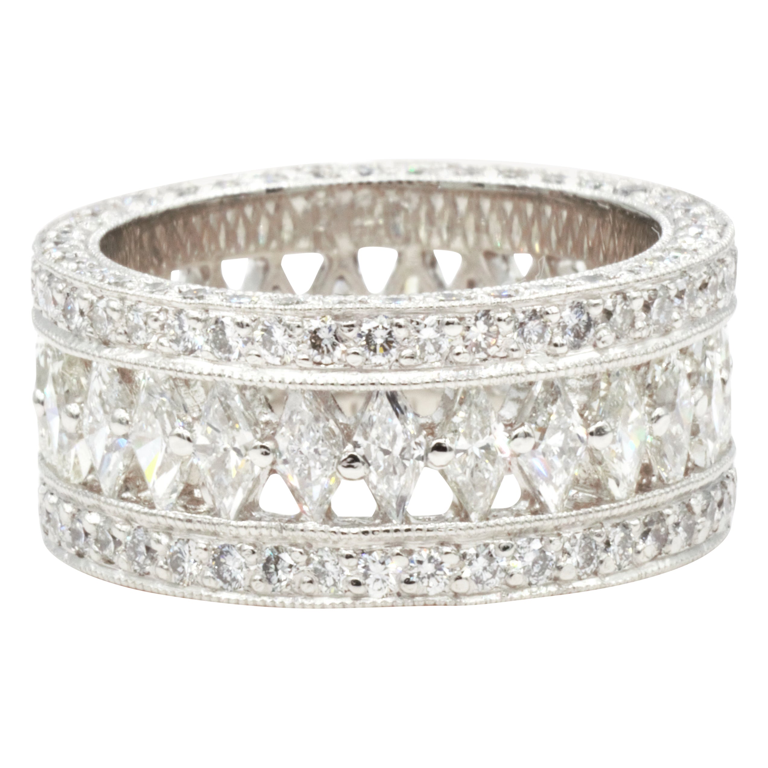 Platinum Diamond Eternity Ring 4.80cttw, Sz 6, Designer RGC, F/VS2, Stunning For Sale