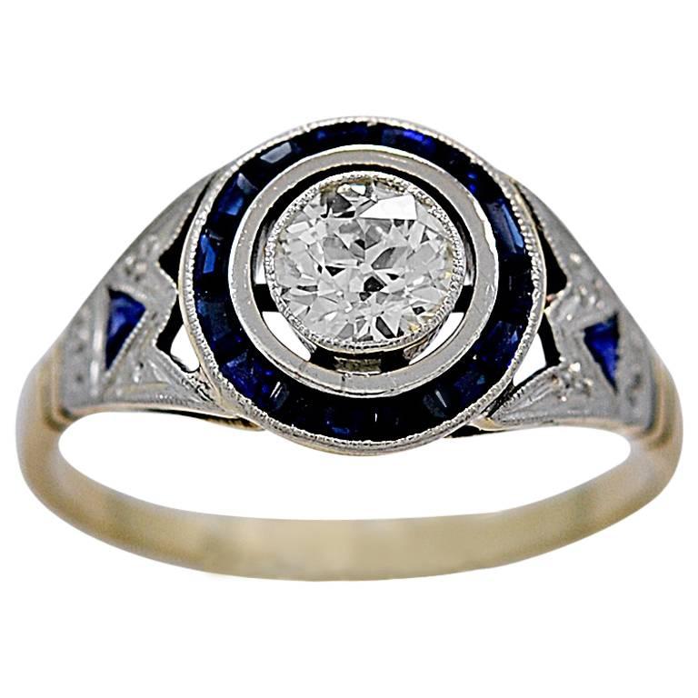 Art Deco .33 Carat Diamond Sapphire Gold Platinum Engagement Ring