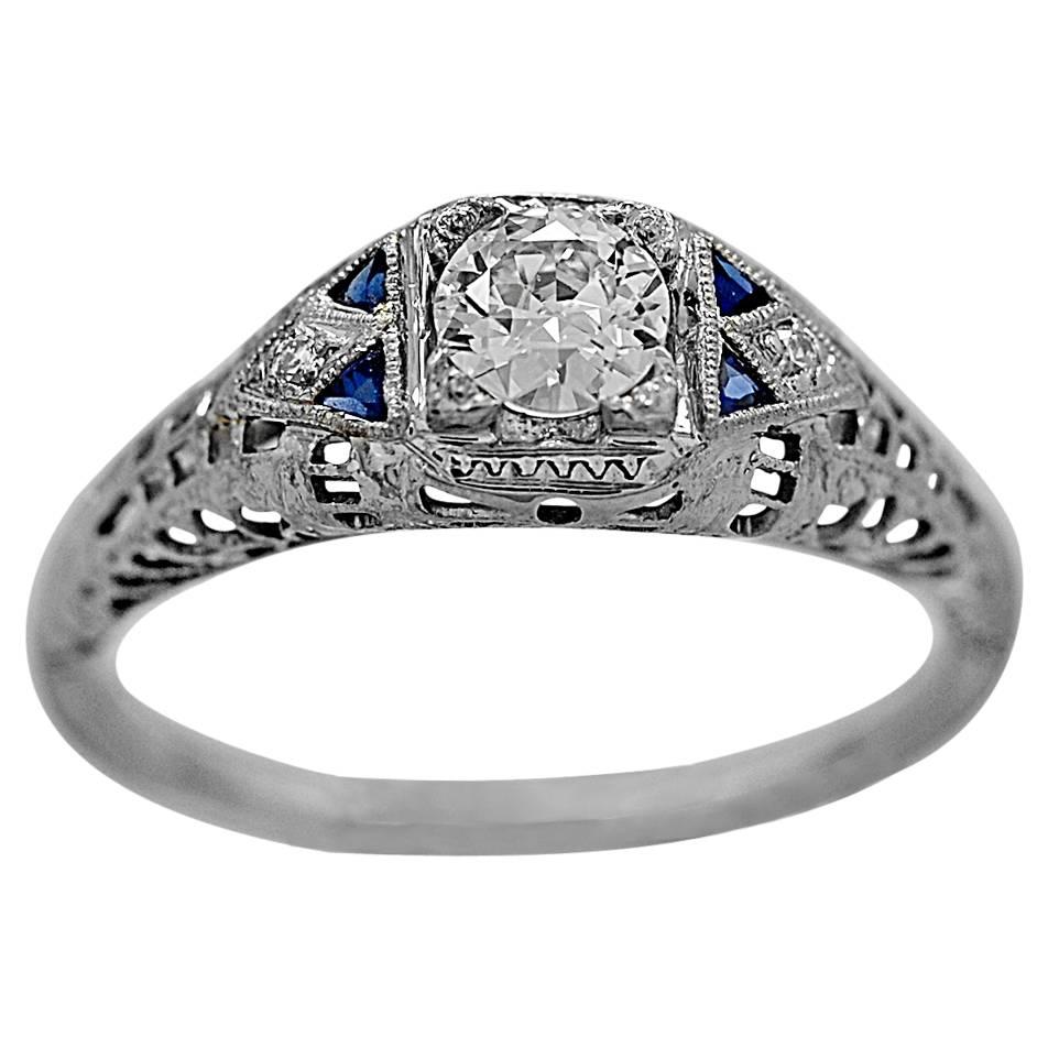Art Deco .31 Carat Diamond Sapphire Gold Engagement Ring  For Sale