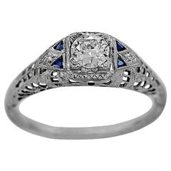 Art Deco .31 Carat Diamond Sapphire Gold Engagement Ring 