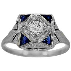 Art Deco .20 Carat Diamond Sapphire Platinum Belais Engagement Ring 