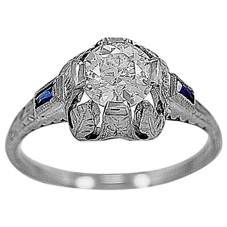 Art Deco .89 Carat Diamond Sapphire Gold Engagement Ring  For Sale