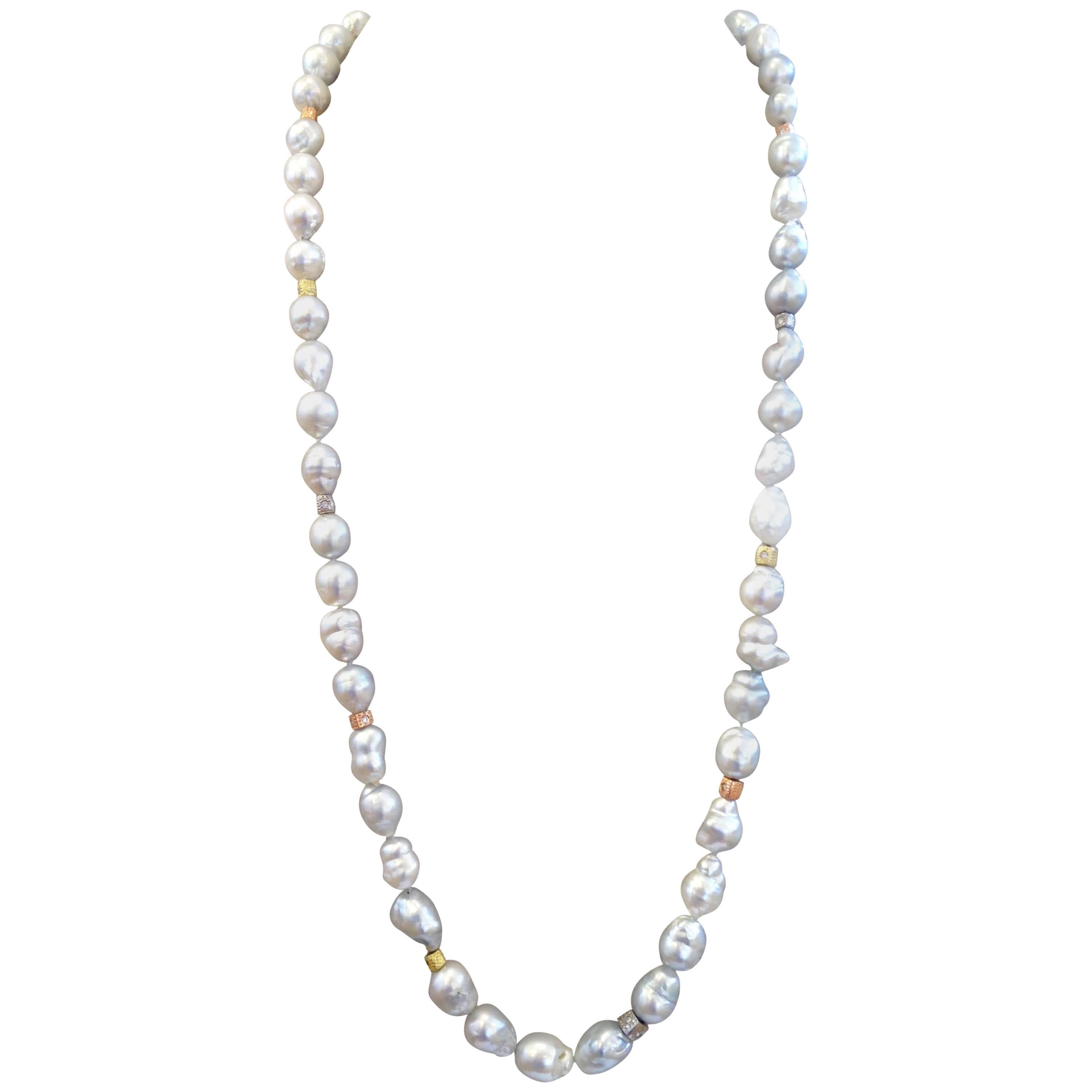 Silver-White Baroque Pearl Necklace with Diamond and Gold Beads