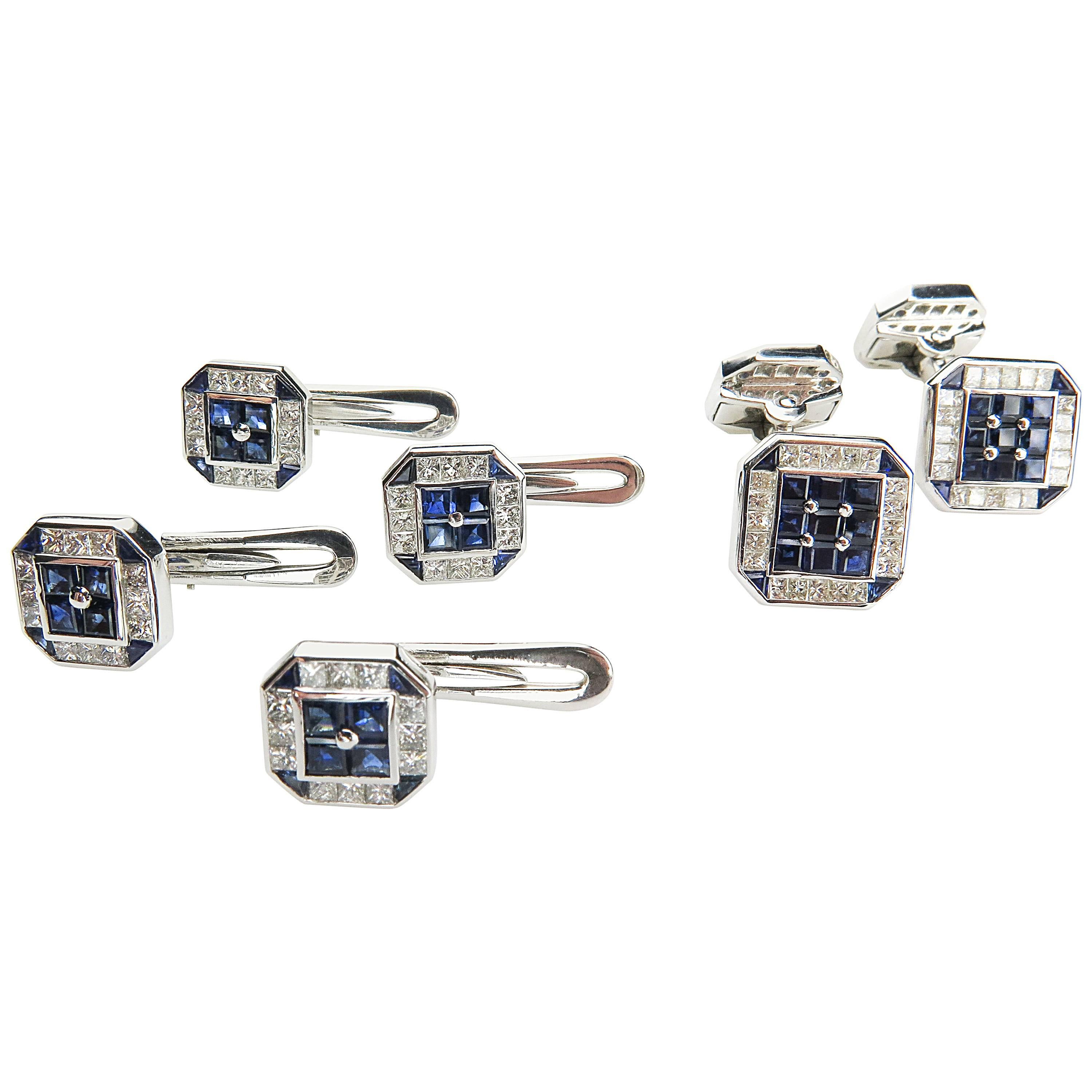 Sapphire and Diamond Set of Cufflinks and Studs For Sale