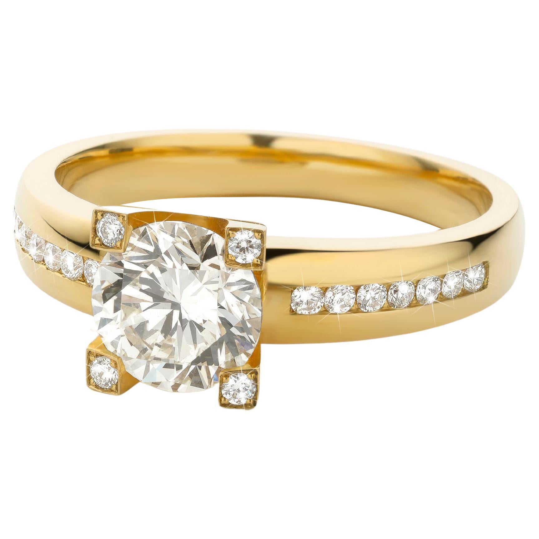 Cober “Big Solitair” 1.27 Carat Yellow Diamond & 18 Diamonds Yellow Gold Ring  For Sale
