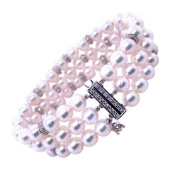 Used Mikimoto Pearl and Diamond 18 Karat White Gold Bracelet