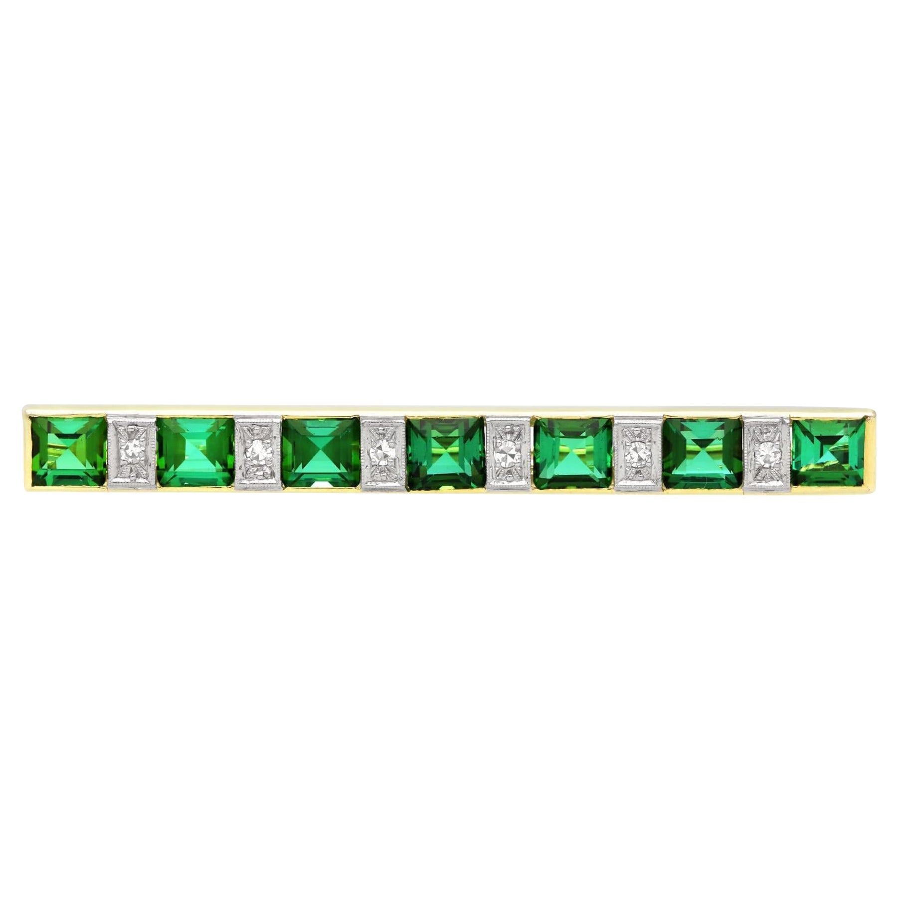 Bar-Brosche aus 14 Karat Gelbgold mit grünem Turmalin und Diamant, 1930er Jahre