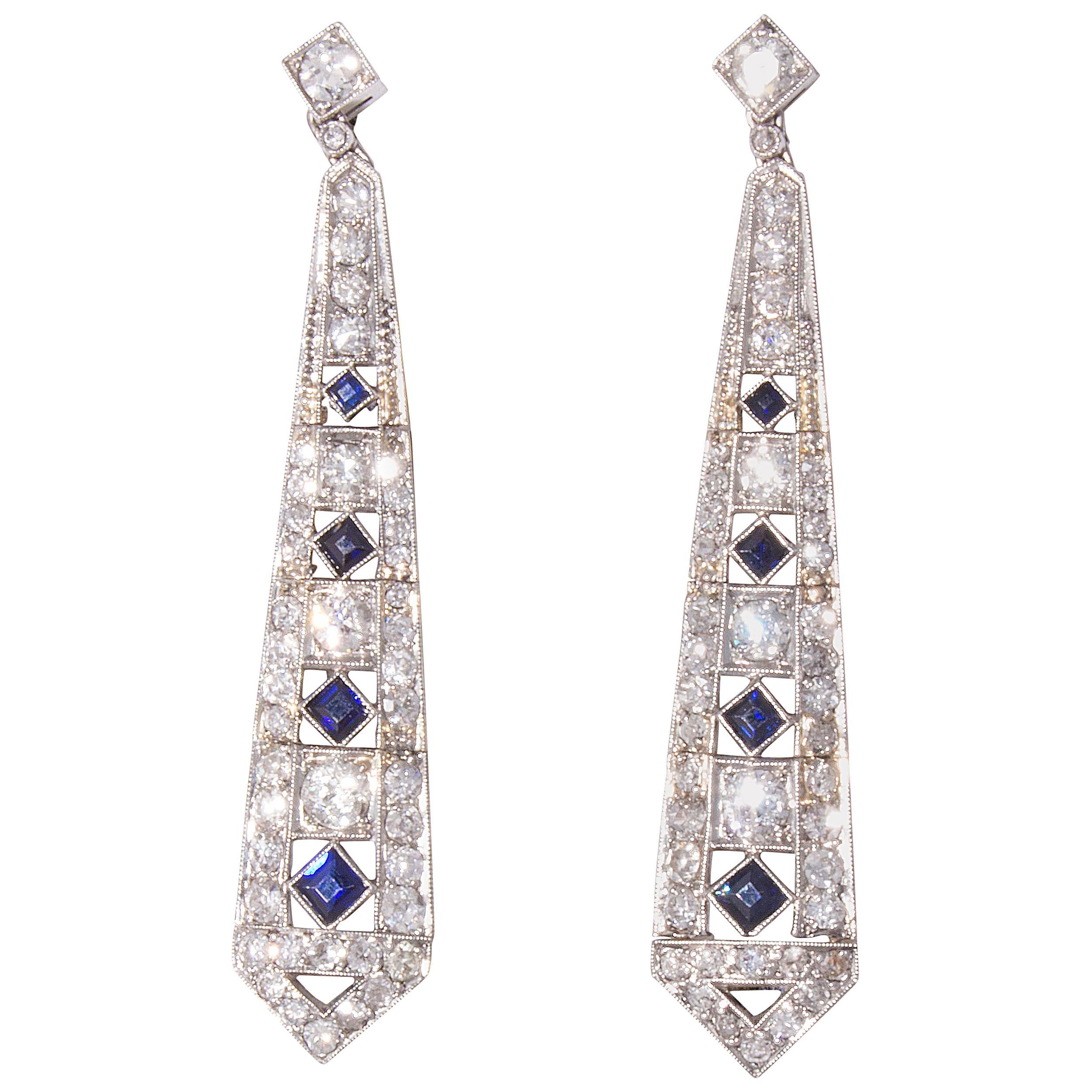 Art Deco Diamond Sapphire Platinum Earrings