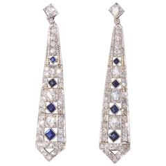 Art Deco Diamond Sapphire Platinum Earrings