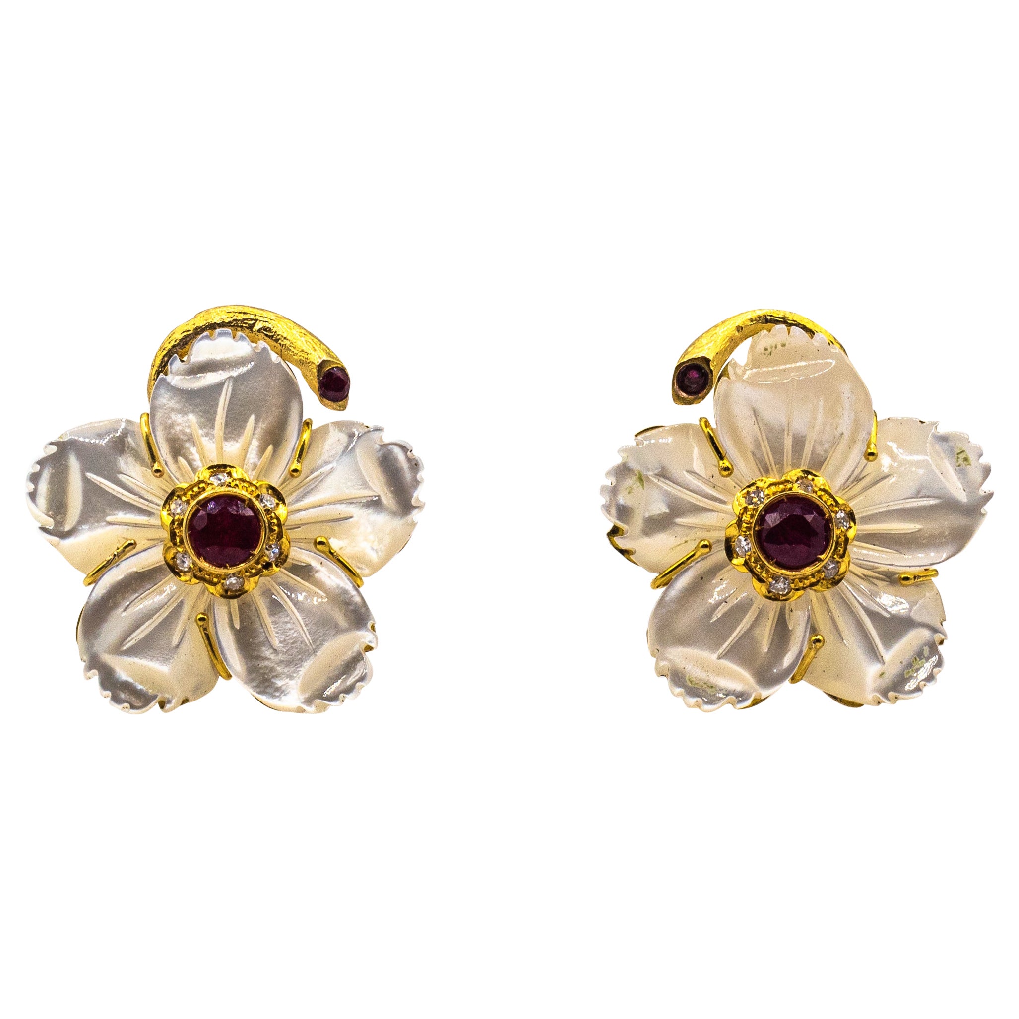 Art Nouveau White Diamond Ruby Mother of Pearl Yellow Gold Flowers Earrings For Sale