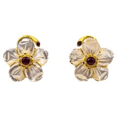 Retro Art Nouveau White Diamond Ruby Mother of Pearl Yellow Gold Flowers Earrings