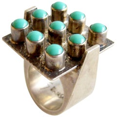 Vintage Oswaldo Guayasamin Turquoise Silver Ecuadorian Modernist Statement Ring