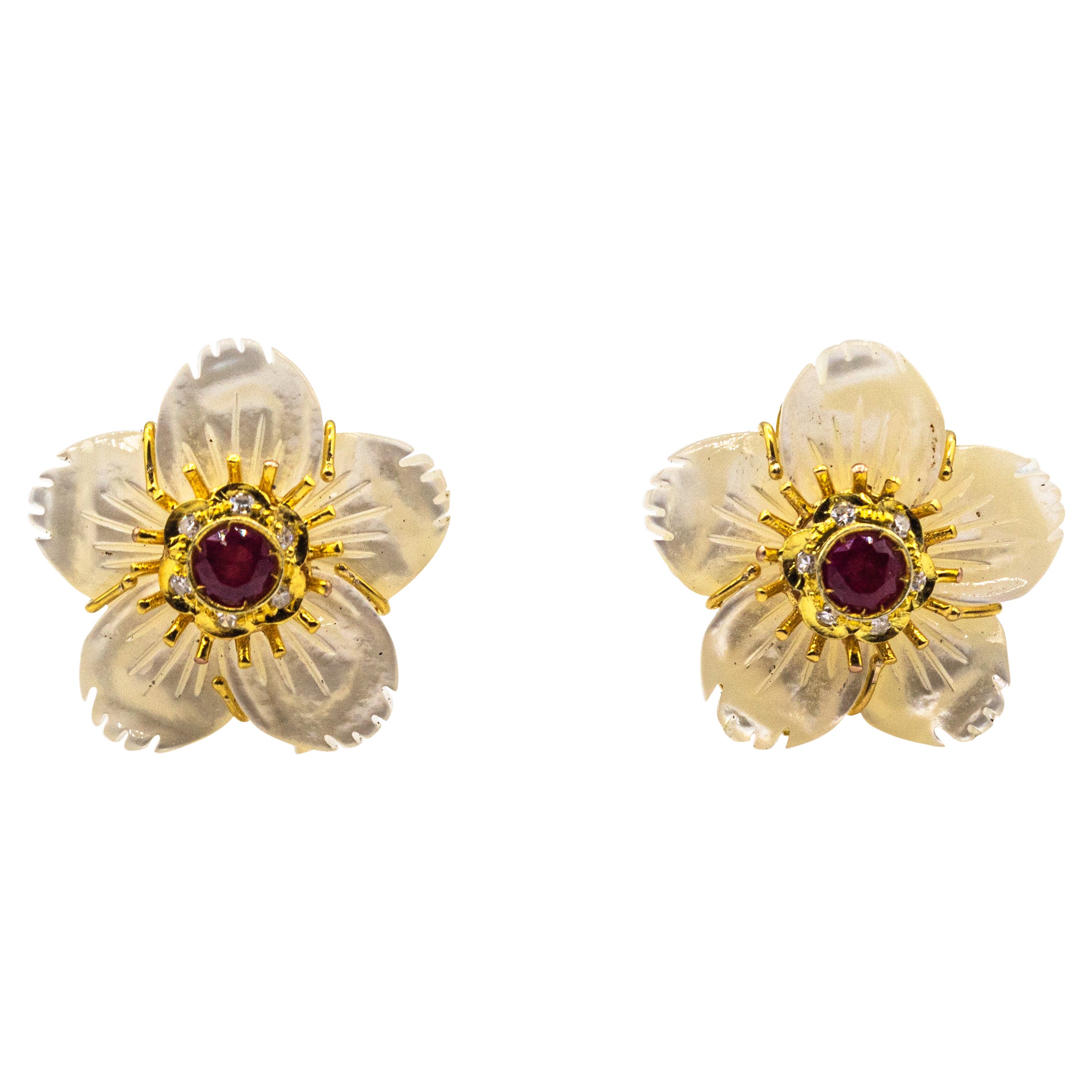 Art Nouveau Style Diamond Ruby Mother of Pearl Yellow Gold Flowers Earrings For Sale