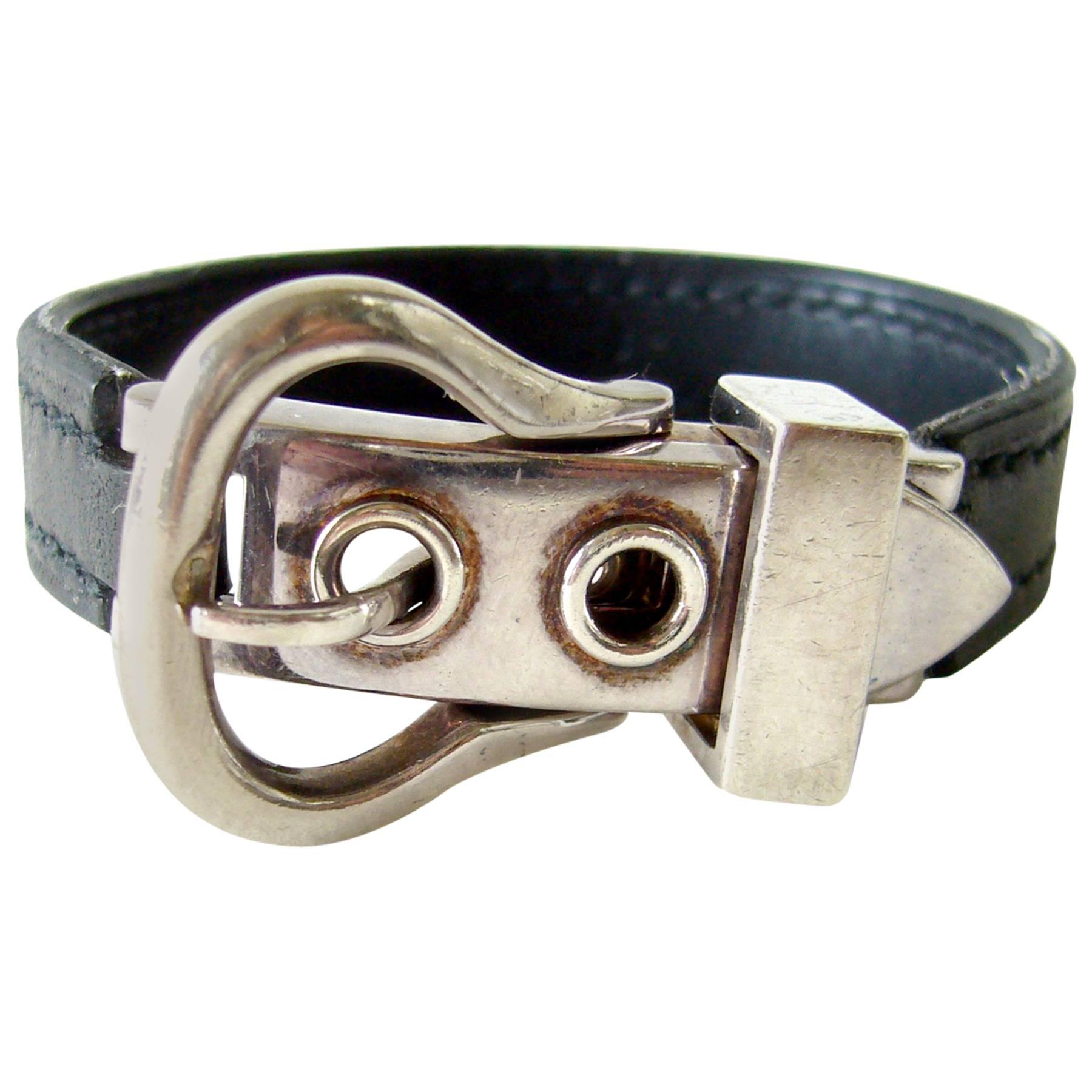 Hermes Sterling Silver Leather Saddle Buckle Bracelet